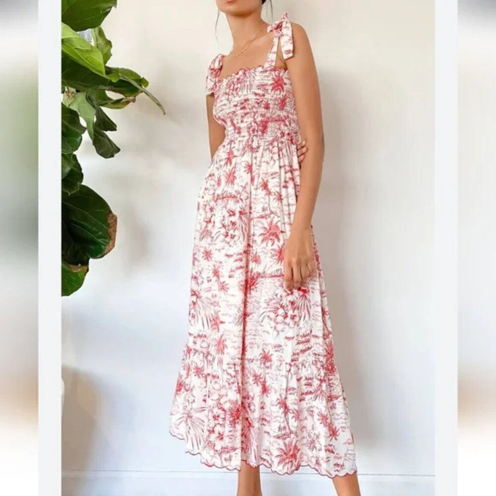 The Great. The Lagoon Maxi Dress Red Palm Toile Smocked Bow Tie Straps Linen S